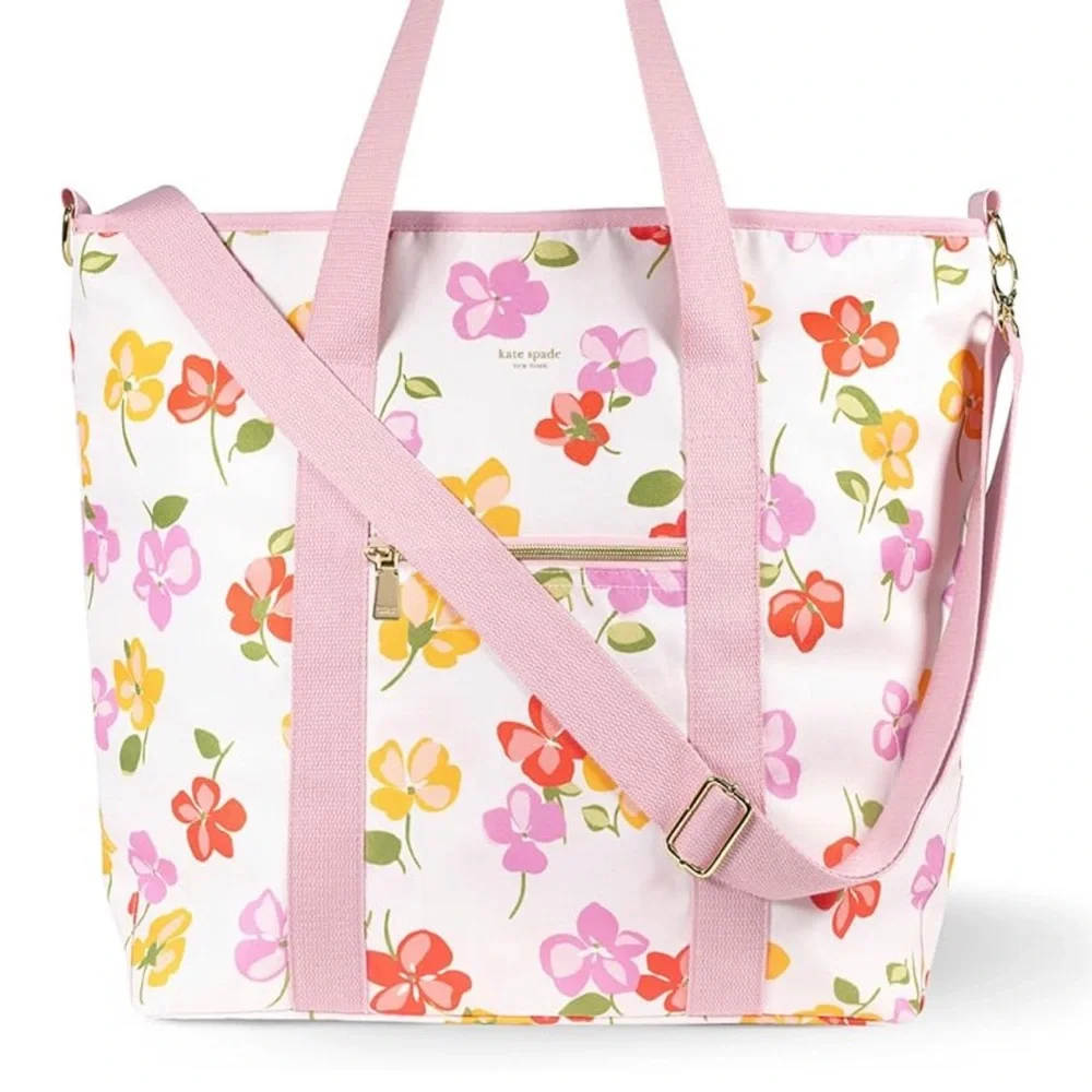 Kate Spade Cooler Tote Bag Spring Pansies Pink Pattern Zip Top 15.5 X 19.5 NWT
